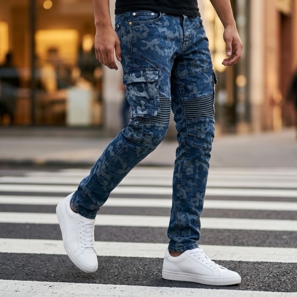 True Religion Rocco Mens 32x33 Blue Camo Relaxed Skinny Moto Cargo Jeans T3865